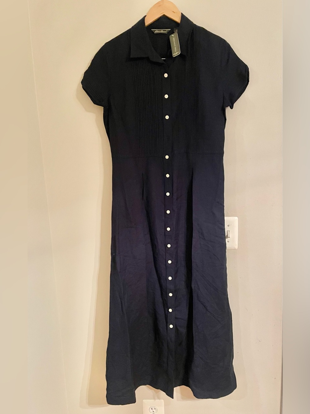 NWT- Eddie Bauer Shirt Dress Womens 10 Navy Linen Blend Button Front Midi Casual